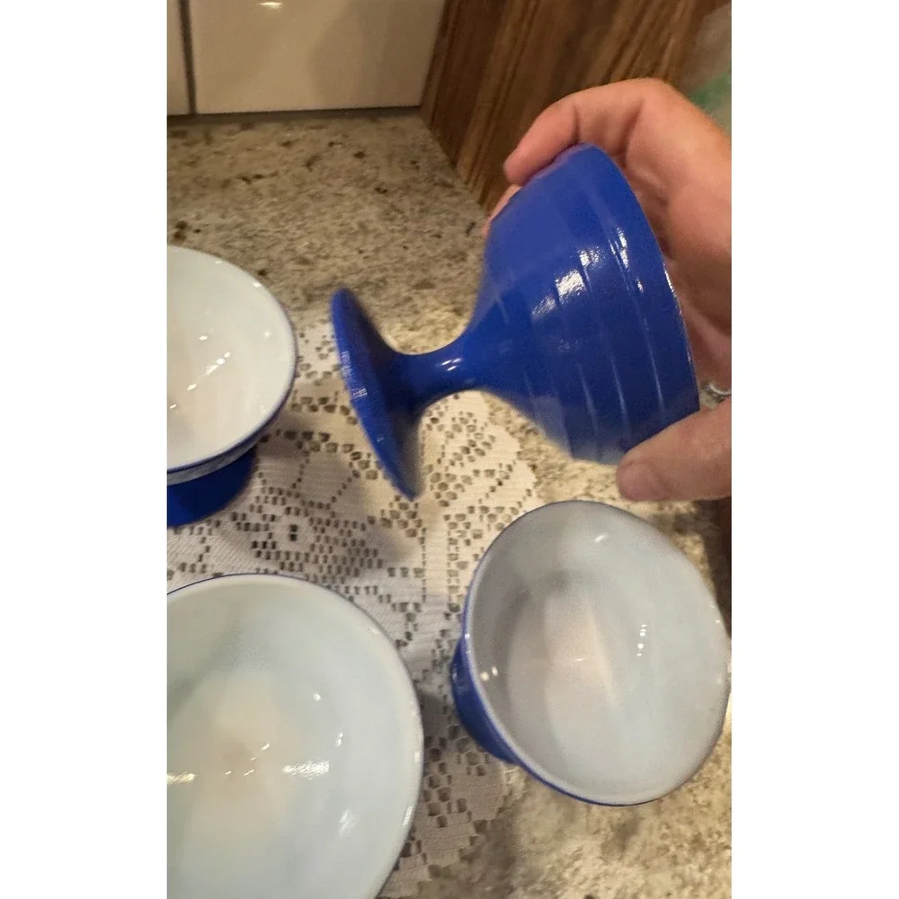 Vintage Cobalt Blue Milk Glass Footed Dessert Sherbet Bowls Set of 4 MCM Retro